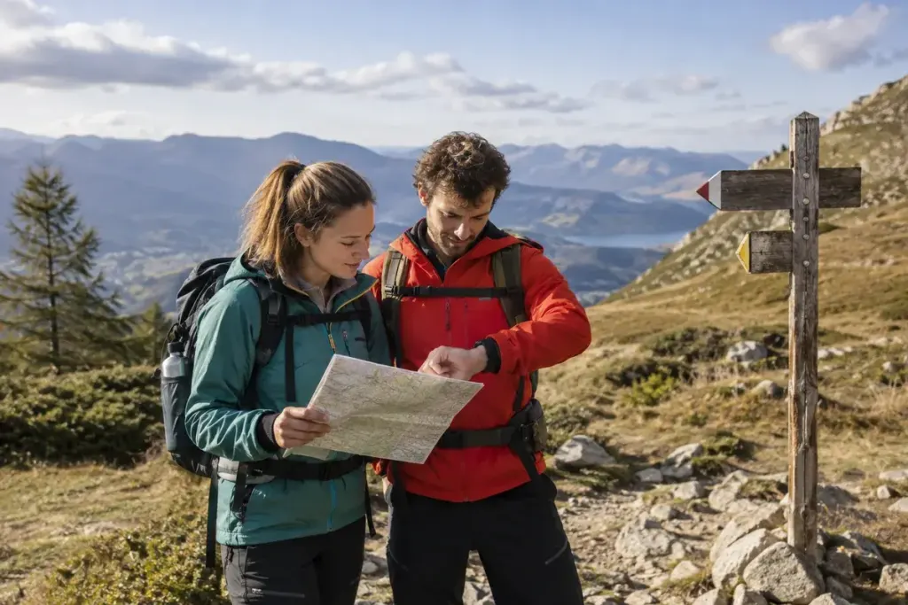 Two hikers checking a map and watch at a marked trail junction with distant hills in daylight.