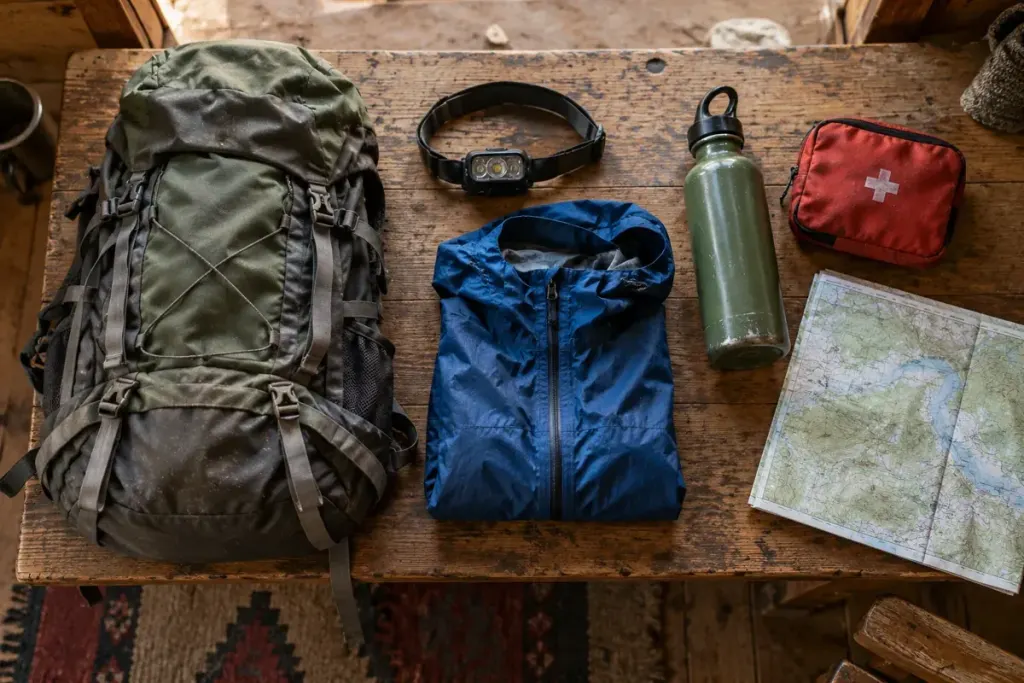 A daypack with a headlamp, rain layer, water bottle, first-aid pouch and map.