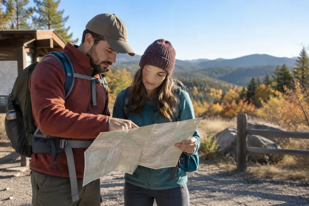 Two hikers studying a map at a woodland trailhead.