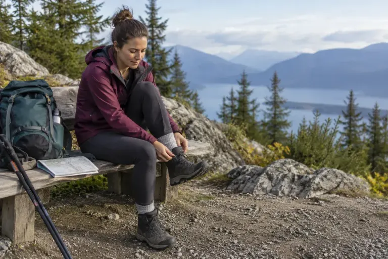 Hiker seated on a safe trail bench adjusting a sock and boot before continuing, feet covered, no wounds or medical procedure.