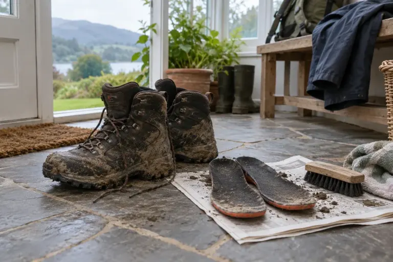 Muddy hiking boots with removed insoles drying in a ventilated porch away from radiator, newspaper and brush nearby.